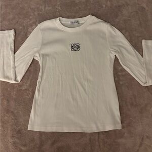 Loewe Cream Long-Sleeve Ribbed Top with Navy Embroidered Logo